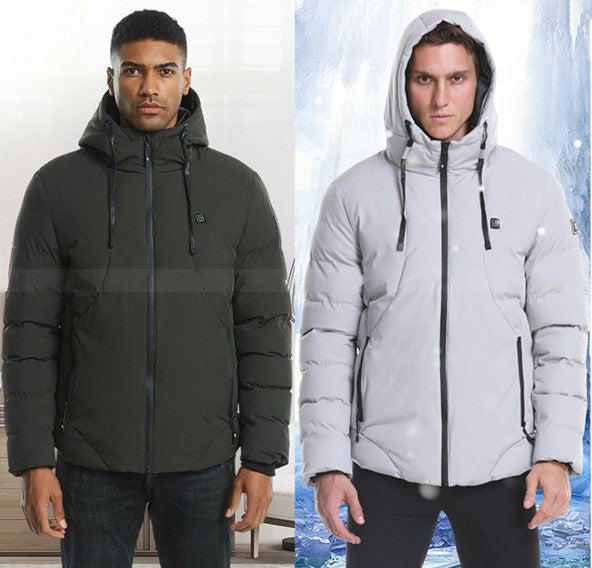 SUBZERO - man wearing heated jacket in navy green, and man wearing heated jacket in light grey